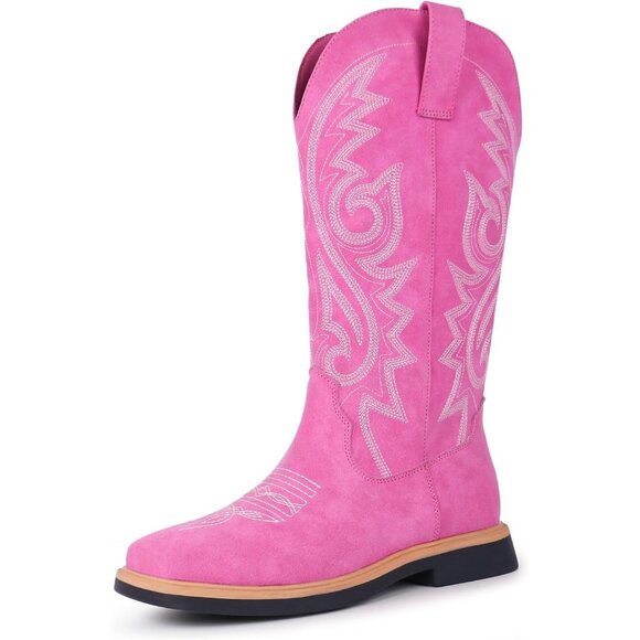 Women's Fuchsia Embroidered Square Toe Side Zipper Western Mid Calf Dress Boots - Picture 6 of 6